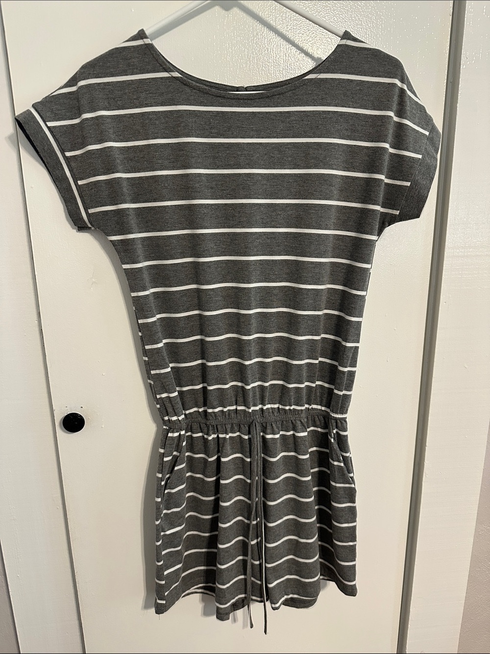Girls' Gray & White Striped Drawstring Waist Romper